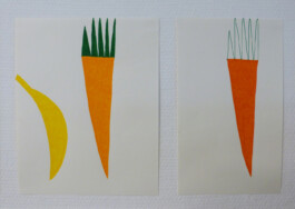 Zeichnungen von Karotten und einer Banane