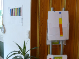 Zeichnung von einer Limonadenflasche, die in einem Magazinständer ausgestellt ist