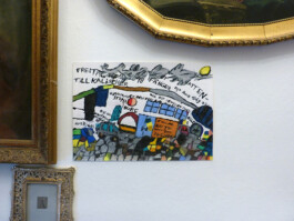 Zeichnung von Ratten, Autos, Fenstern und Pflastersteinen mit Text