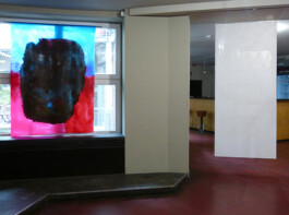 Transparentes Bild aus Silikon, das vor einem Fenster hängt und weißes Silikonbild, das im Raum hängt. 