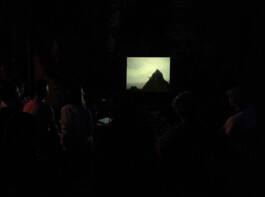 Filmscreening im dunklen Garten mit heller Projektion.
