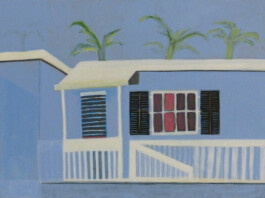 Gemälde von einem blauen Haus vor Palmen.