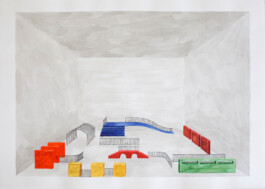 Zeichnung von einem Raum mit Zäunen, Absperrungen und Rampen.