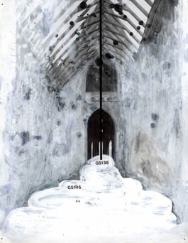 Malerei von einem hohen Innenraum. Es sieht aus als läge innen Schnee.