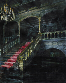 Malerei von einem dunklen Treppenhaus mit einer roten Teppich auf der Treppe.