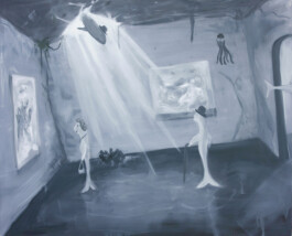 Schwarz-weiss Malerei von einem Ausstellungsraum unter Wasser.