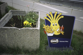 Ein Kundenstopper mit einer Illustration einer Kartoffel mit Haaren und Pommes, daneben ein gelbes Stiefmütterchen.