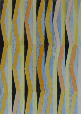 Abstrakte Zeichnung mit gleben, blauen und schwarzel Linien und Dreiecken.