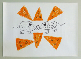 Zeichnung von zwei Mäusen zwischen Käseecken.