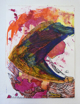 Dynamische Zeichnung auf Papier in kräftigen Farben.