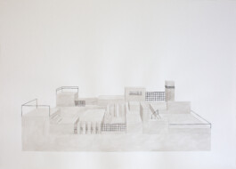 Stadtlandschaft mit unterschiedlichen Ebenen, Zäunen, Treppen, Geländern und einem Turm.