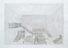 Zeichnung von einem Raum mit Rampen, Treppen und Emporen.